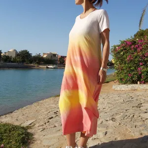21D22 Colorful Half-Sleeve Cotton Slub Dress-Orange