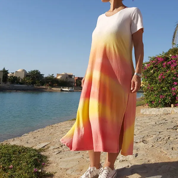21D22 Colorful Half-Sleeve Cotton Slub Dress-Orange