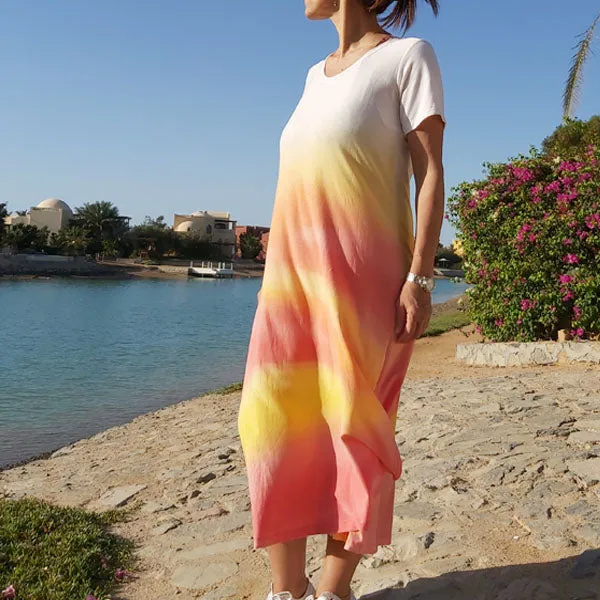 21D22 Colorful Half-Sleeve Cotton Slub Dress-Orange