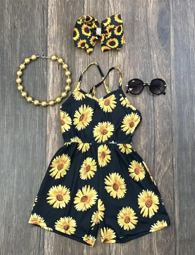 Black Sunflowers Romper - Girl's