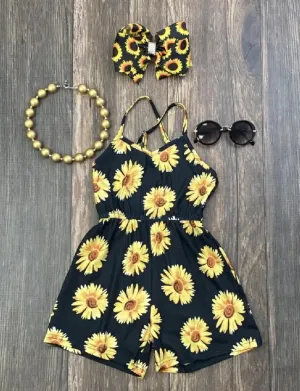 Black Sunflowers Romper - Girl's