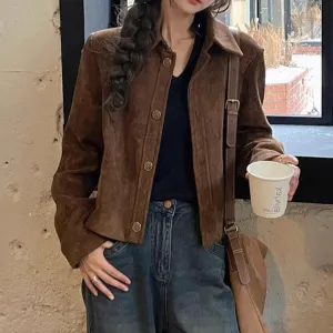cold weather outfits Joskaa 2024 Autumn New Vintage Chamois Leather Flight Jacket Women's Top Short Jacket Women's Regular Fit For Fall