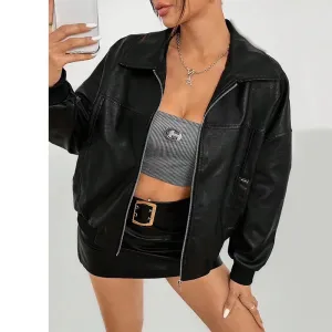 cold weather outfits Joskaa 2024 New Style Black Motorcycle Leather Jacket Women's Petite Sweet Cool Cropped Pu Leather Jacket Spring Autumn Season
