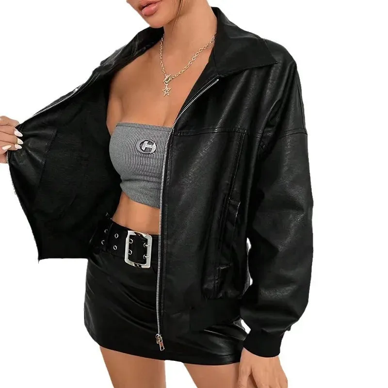 cold weather outfits Joskaa 2024 New Style Black Motorcycle Leather Jacket Women's Petite Sweet Cool Cropped Pu Leather Jacket Spring Autumn Season