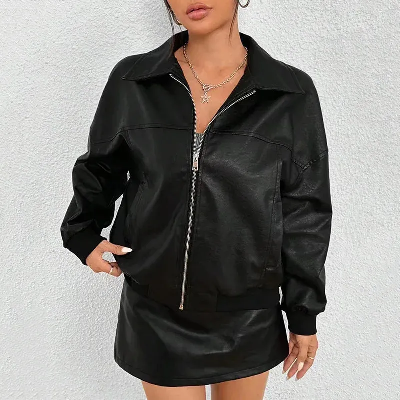 cold weather outfits Joskaa 2024 New Style Black Motorcycle Leather Jacket Women's Petite Sweet Cool Cropped Pu Leather Jacket Spring Autumn Season