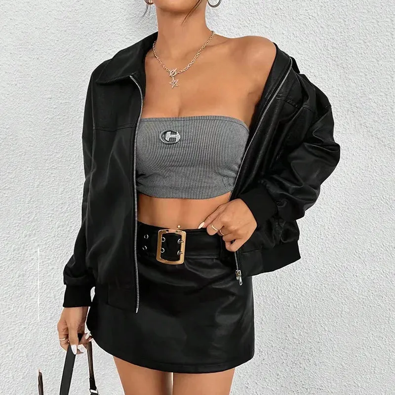 cold weather outfits Joskaa 2024 New Style Black Motorcycle Leather Jacket Women's Petite Sweet Cool Cropped Pu Leather Jacket Spring Autumn Season