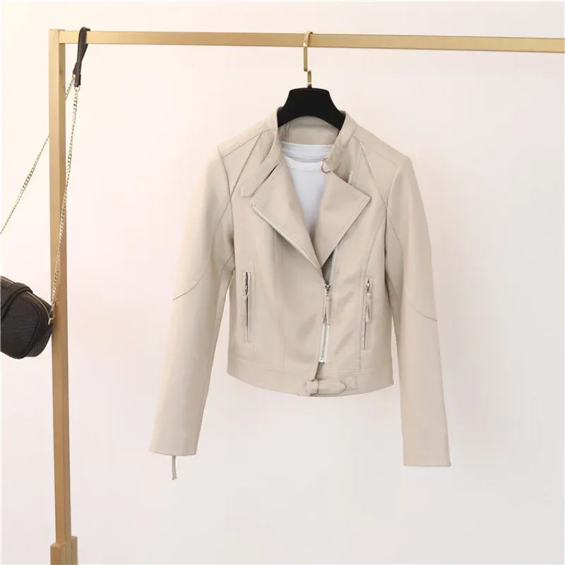 cold weather outfits Joskaa 2024 Spring New Women's Stand Collar Slimming PU Leather Jacket Versatile Motorcycle Leather Coat Smooths Your Silhouette