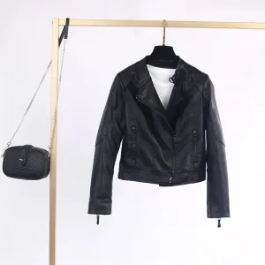 cold weather outfits Joskaa 2024 Spring New Women's Stand Collar Slimming PU Leather Jacket Versatile Motorcycle Leather Coat Smooths Your Silhouette