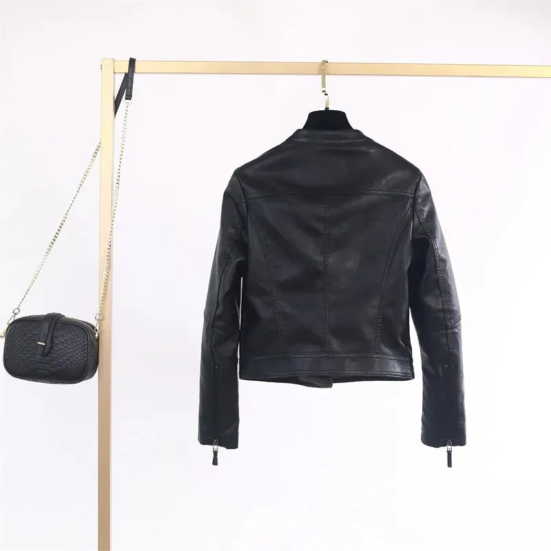 cold weather outfits Joskaa 2024 Spring New Women's Stand Collar Slimming PU Leather Jacket Versatile Motorcycle Leather Coat Smooths Your Silhouette