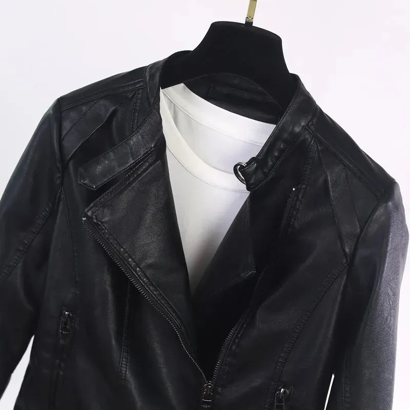 cold weather outfits Joskaa 2024 Spring New Women's Stand Collar Slimming PU Leather Jacket Versatile Motorcycle Leather Coat Smooths Your Silhouette