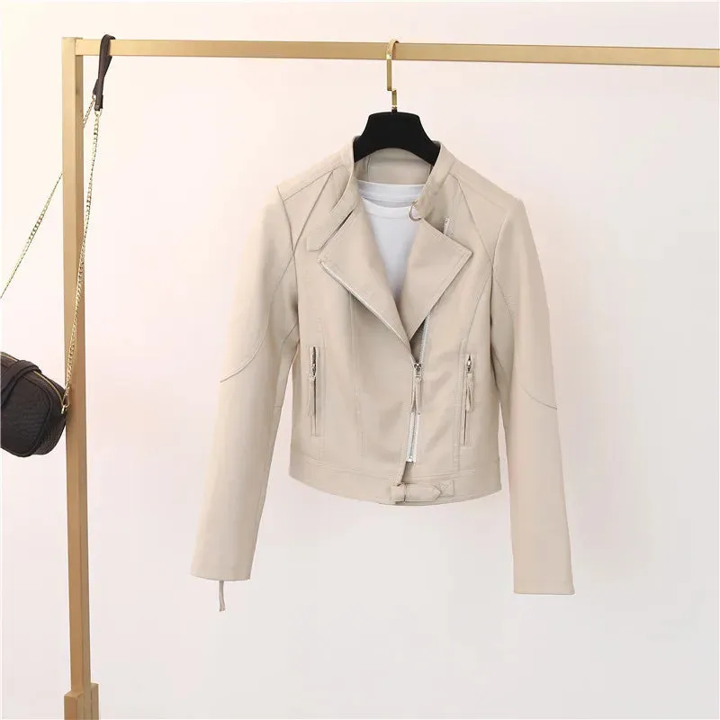 cold weather outfits Joskaa 2024 Spring New Women's Stand Collar Slimming PU Leather Jacket Versatile Motorcycle Leather Coat Smooths Your Silhouette