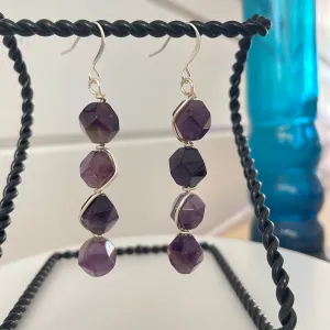 Dark Purple Faceted Amethyst Wire Wrapped Drop Earrings 2.5" Formal Evening Glam Handmade Women Gift Artisan Jewelry