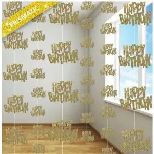 Gold Happy Birthday Hanging Decorations - 6 Pkt