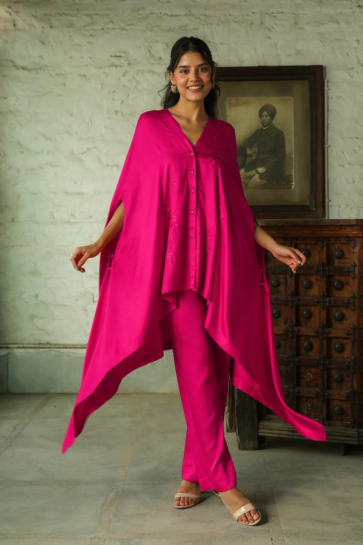Hot Pink Embroidered Kaftan Set