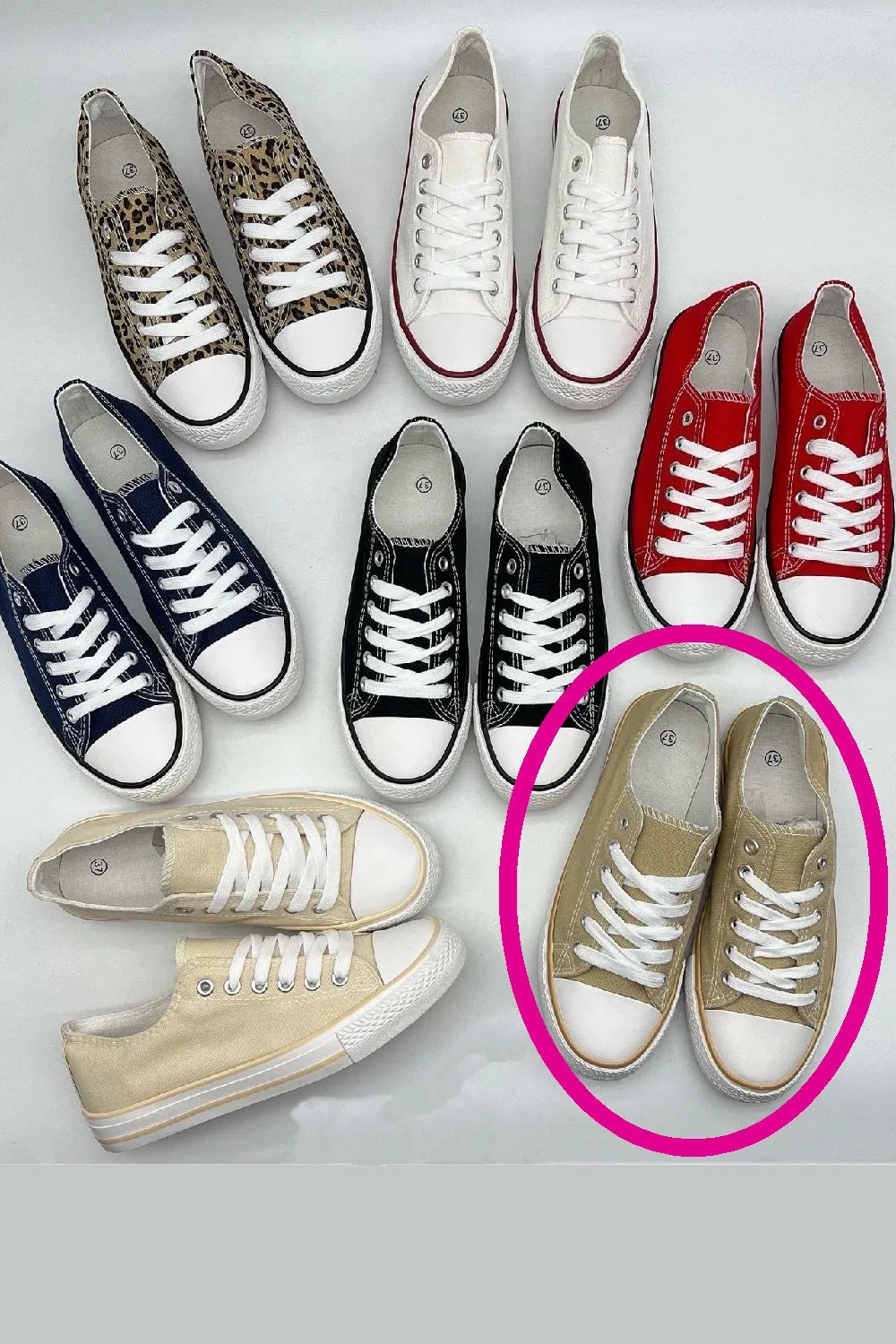 KHAKI CANVAS LACE UP FLAT DESIGNER FASHION TRAINERS