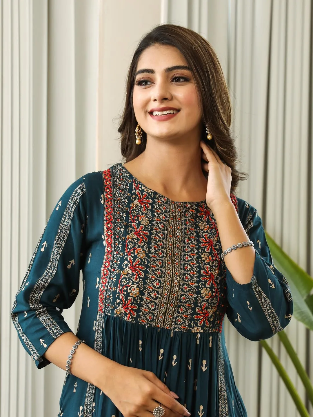 Teal Blue Embellished Kurta