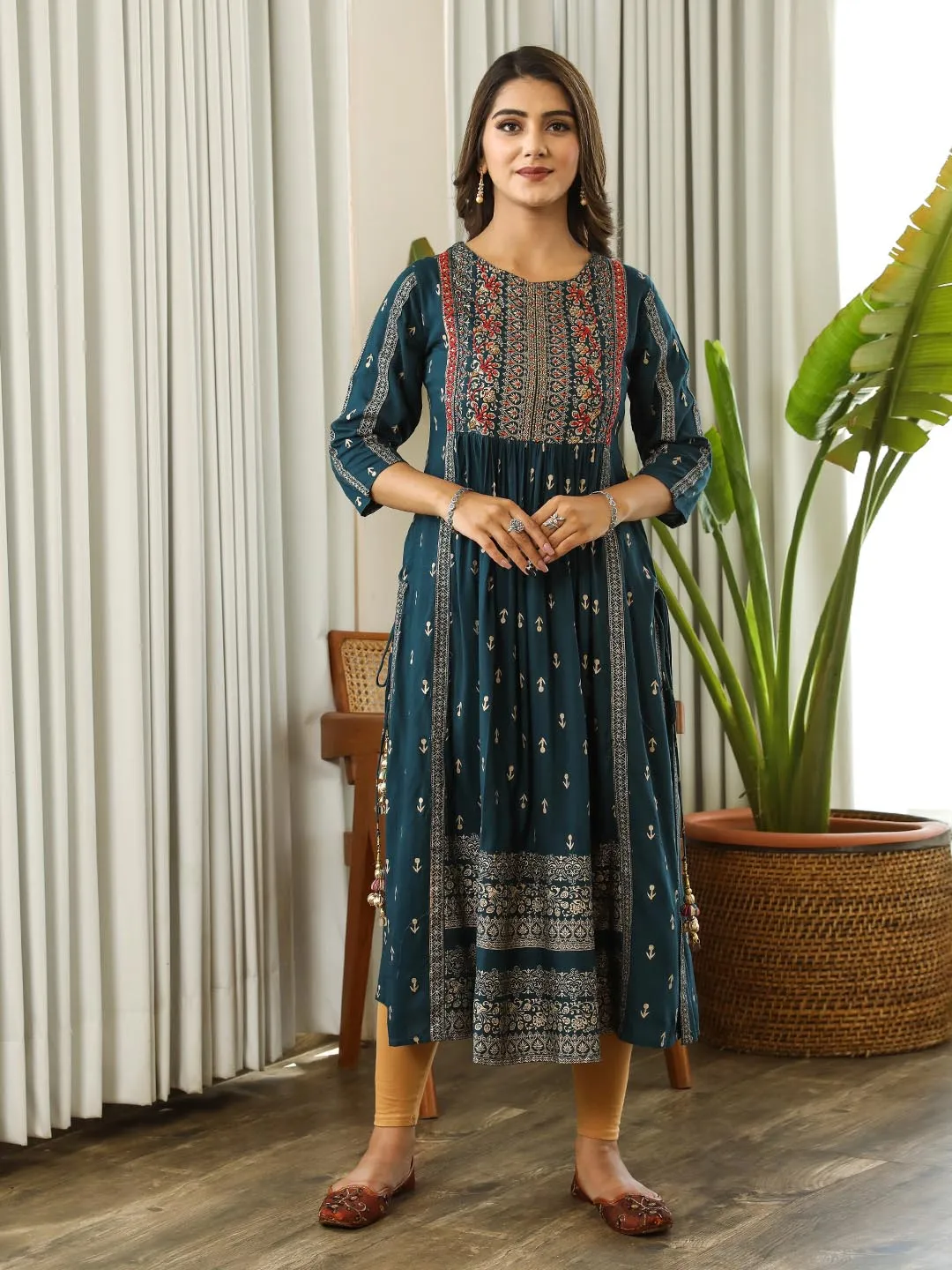 Teal Blue Embellished Kurta