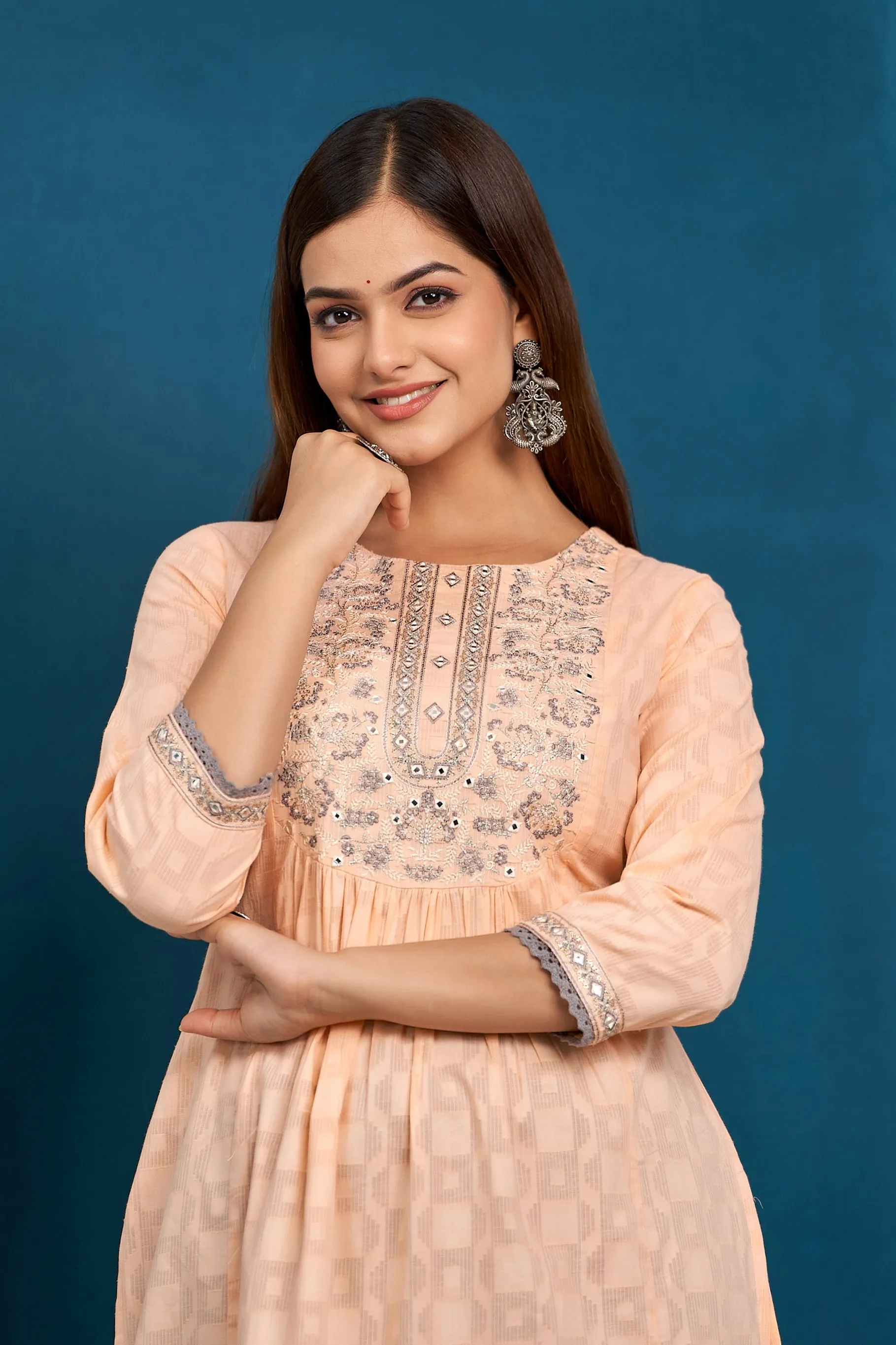Womens Cotton Peach Nyara Cut A-Line Kurta