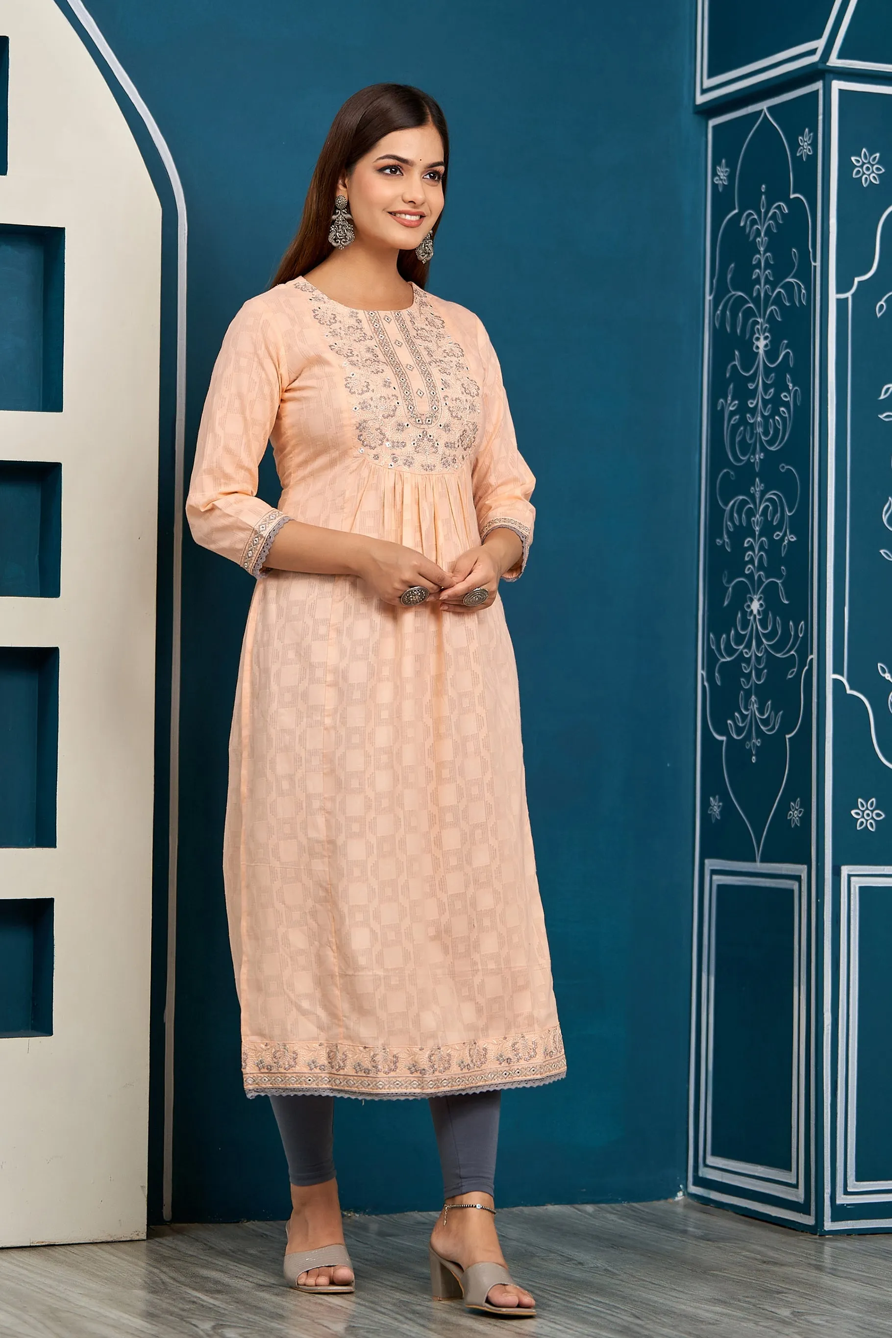 Womens Cotton Peach Nyara Cut A-Line Kurta