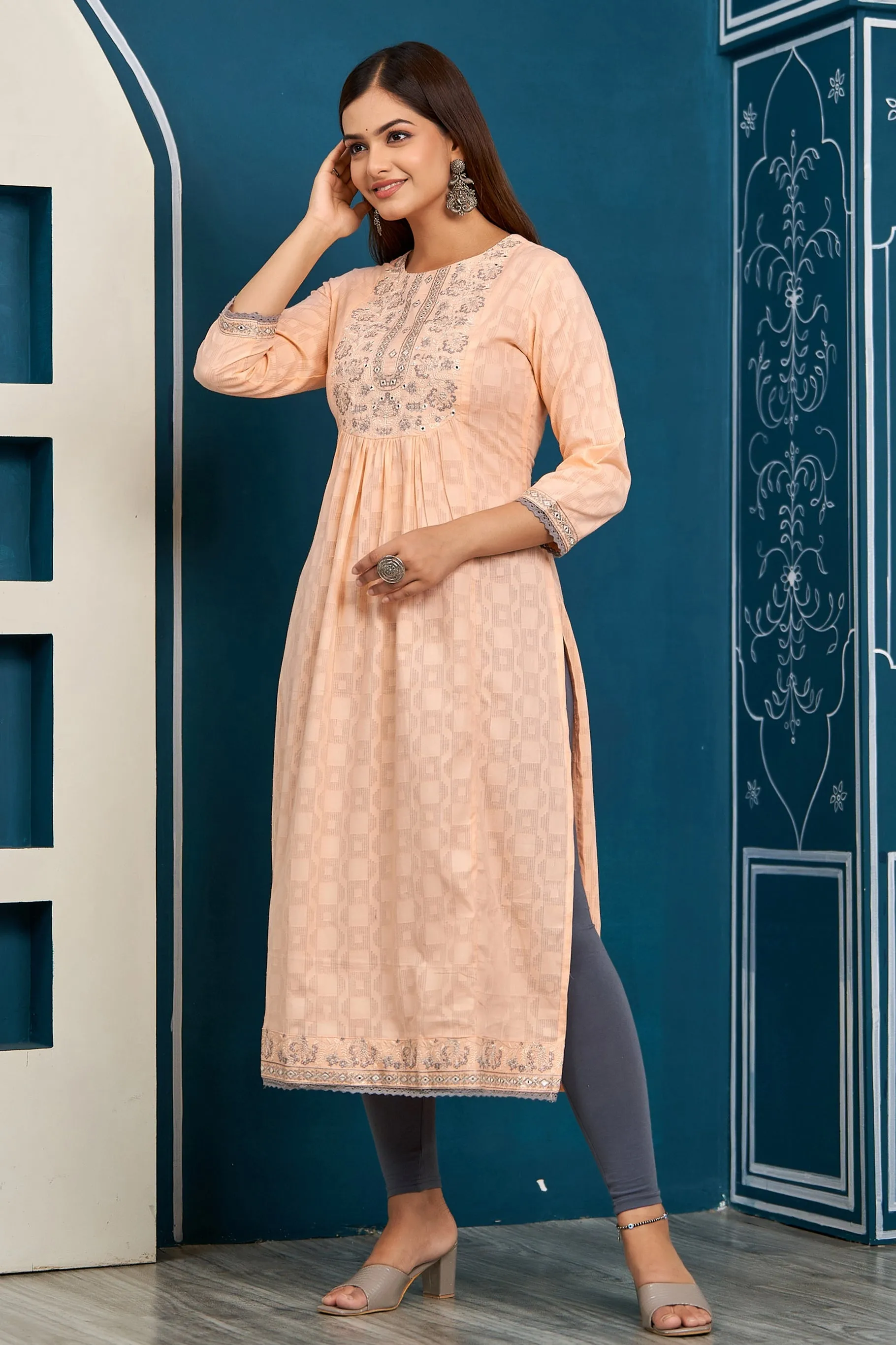Womens Cotton Peach Nyara Cut A-Line Kurta
